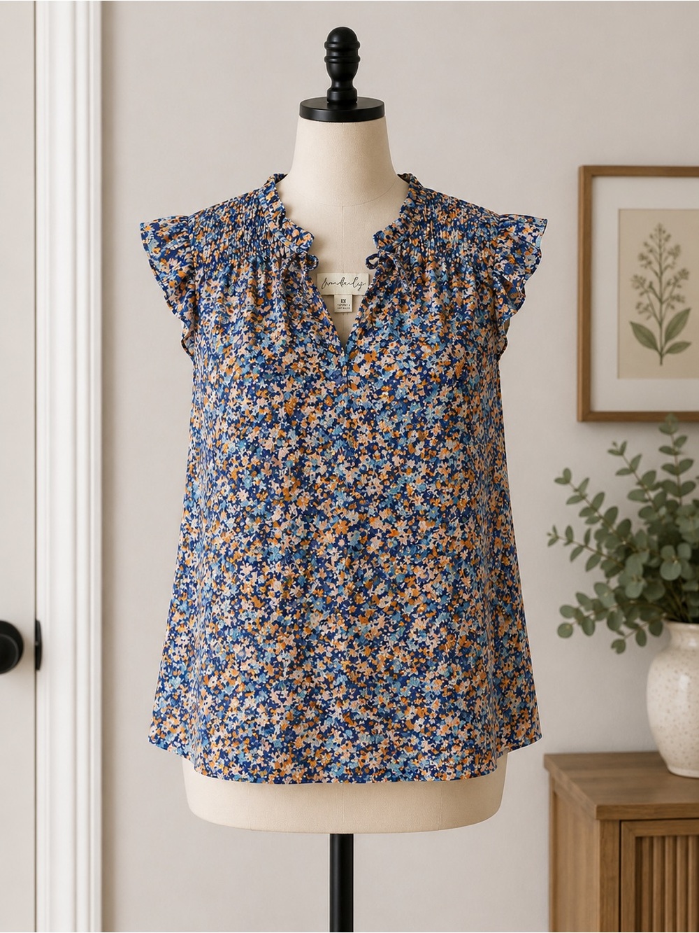 Wonderly Blue & Orange Floral Ruffle Sleeve Top